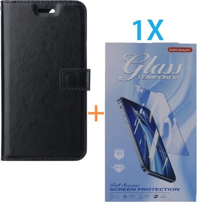 Bookcase Geschikt voor: Apple iPhone 16 Pro Max - Zwart - portemonnee hoesje - + 1X Tempered Glass Screenprotector