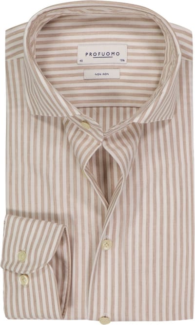 Profuomo slim fit heren overhemd - popeline - beige met wit gestreept - Strijkvriendelijk - Boordmaat: 38