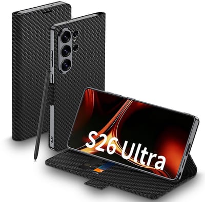 Casemania Hoesje Geschikt voor Samsung Galaxy S26 Ultra - Carbon - Slim Book Case met Pasjeshouder - Smart Dunne GSM Cover