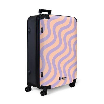 NoBoringSuitcases.com® - Koffer groot - Reiskoffer lichtgewicht - Roze met paarse golvende lijnen - Rolkoffer met 4 wielen - Grote trolley XL - 98 liter bagage