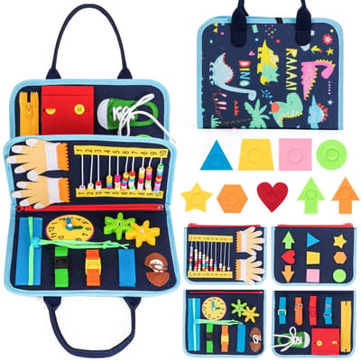 Busy Board, Montessori-speelgoed voor peuters van 1, 2, 3 en 4 jaar. Baby-activiteitenbord. Stilteboek. Autisme-educatief reisspeelgoed. Peuterschool. Leren tellen. Basic Life-sensorisch bord (blauw).