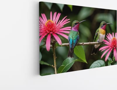 Saammp Canvas Schilderij - 2 Kolibries - Dieren - Bloemen - 30x20 - Foto op canvas - Wanddecoratie - muurdecoratie Woonkamer - Slaapkamer decoratie - Canvas Print