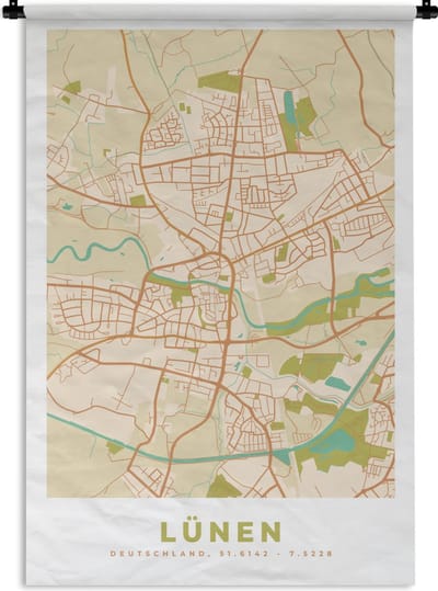 Wandkleed - Wanddoek - Stadskaart - Lünen - Plattegrond - Kaart - Vintage - 120x180 cm - Wandtapijt