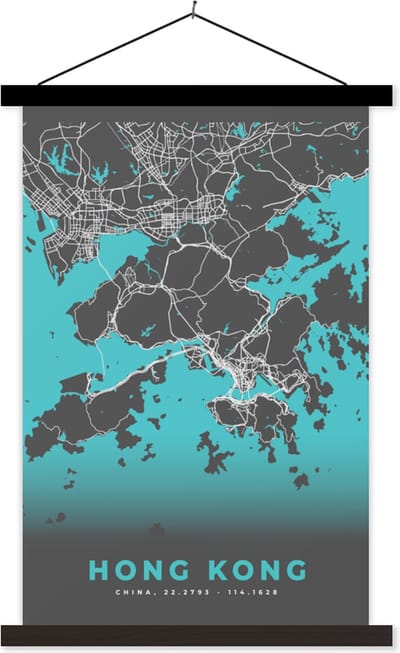 Posterhanger incl. Poster 40x60 cm - Schoolplaat - Hong Kong - Stadskaart - Plattegrond - Kaart - Blauw - Textielposter - Zwarte latten - Stadskaart
