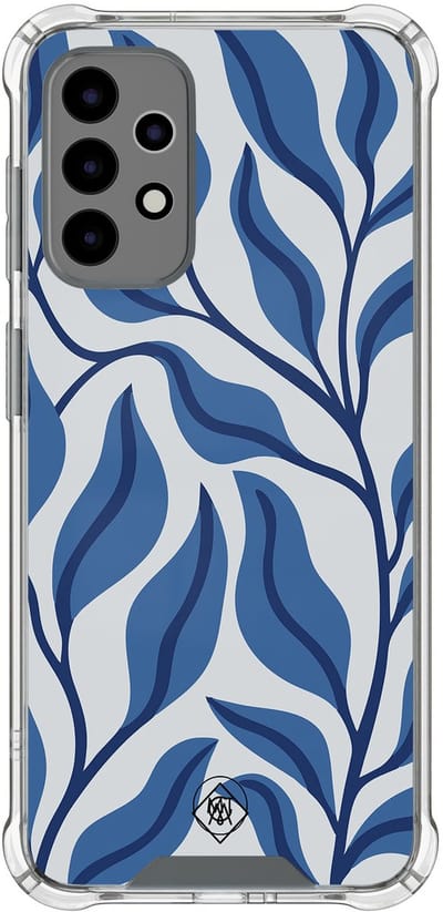 Hoesje (shockproof) geschikt voor Samsung Galaxy A52 5G - Blue leaves - Extra sterke case - TPU/polycarbonaat - Print - Blauw, Transparant
