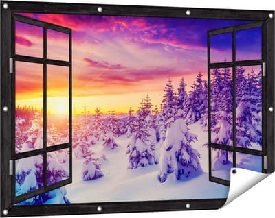Gards Tuinposter Doorkijk Zonsondergang in het Sneeuw Bos - 120x80 cm - Tuindoek - Tuindecoratie - Wanddecoratie buiten - Tuinschilderij