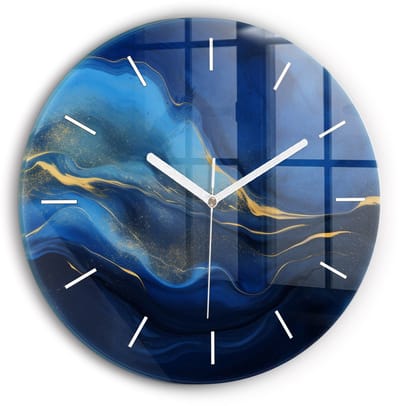 Wallfluent Wandklok - Blauwe marmer Unieke Wandklok - 30 cm x 30 cm - Blauw Wandklok - Witte Handen - Wandklok Zonder Cijfers - Stille Wandklok Slaapkamer - Ronde Glazen Klok - Scandinavisch Wandklok - Klok als Muurdecoratie