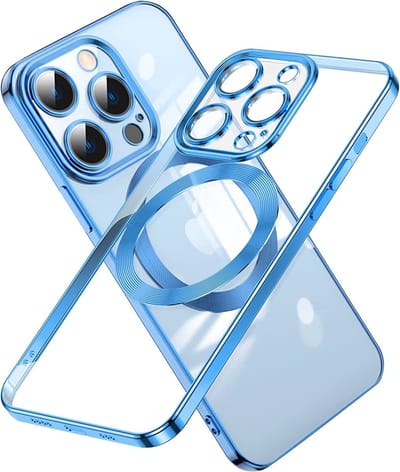 Hoesje Geschikt voor iPhone 14 Pro Max Magsafe hoes backcover – Lens beschermer – Transparant / Blauw