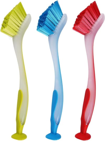 Set van 3 Ergonomische Afwasborstels met Antislip Handvat en Zuignap voor Makkelijk Schoonmaken van Borden, Potten en Tegels