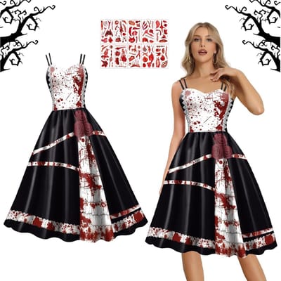 Griezelige Halloween jurk voor meisjes met bloederig print, gothic kostuum, sleeveless sexy outfit voor volwassenen, middeleeuwse stijl, perfect voor carnaval en Halloween feesten