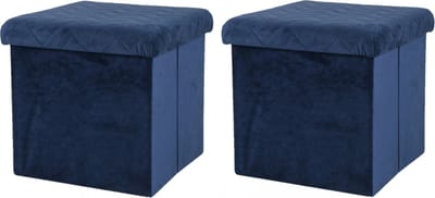 Urban Living Poef/hocker - 2x - opbergbox zit krukje - velvet donkerblauw - polyester/mdf - 38 x 38 cm - opvouwbaar