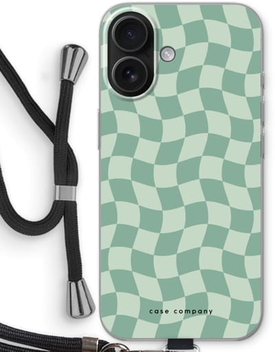 Case Company® - Hoesje met koord geschikt voor iPhone 16 hoesje met Koord - Grid Groen - Telefoonhoesje met Zwart Koord - Bescherming aan alle Kanten en Over de Schermrand