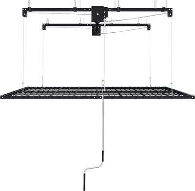 Plafondrek met Crank Systeem | Stalen Plafondopslag & Garagerek 120 x 240 cm | Draagkracht 136 kg | Geschikt voor Plafonds van 3 tot 3,6 m | Met Handmatig Veiligheidsslot | Zwart