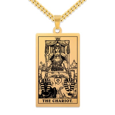 Tarot Ketting VII: De Zegewagen / The Chariot - Goudkleurig Stainless Steel - Grote Arcana uit Rider-Waite Geïnspireerd - 60cm - Pax Amare