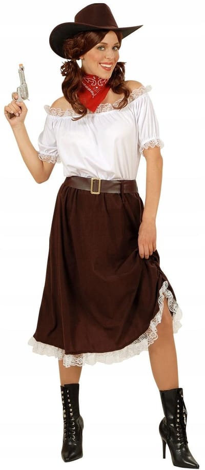 Kostuum Outfit Verkleedkostuum Cowboy Vrouw Sheriff Wilde Westen Western Rodeo Bal, M beige