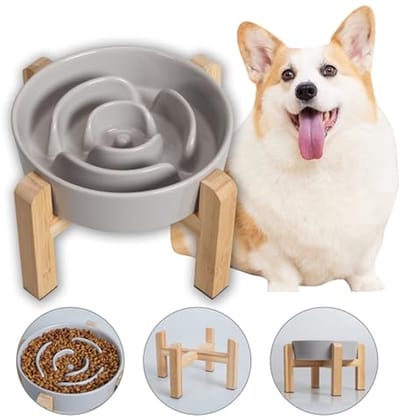 Verhoogde voerbak - Anti-schrok bak - Langzaam eten - Keramiek met puzzel - 17 cm diameter - Grijs