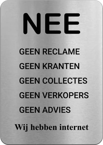 Brievenbusbordje RVS-look - NEE geen reclame, collectes en verkopers - 5 x 8 cm - ronde hoeken - incl. 3M-tape | Gratis Verzending | Decoporta