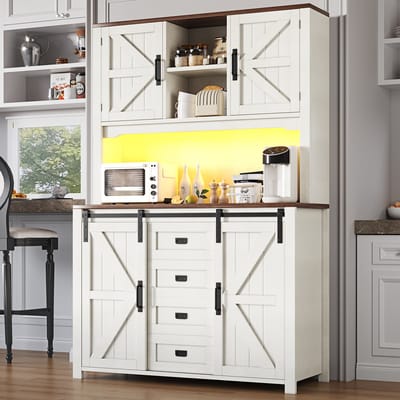 MODENUIT Keukenkast - Schuifdeuren, 2 Lades En LED - Voor Keuken En Eethoek - MDF En Metaal - 115x40x174,7 Cm - Wit