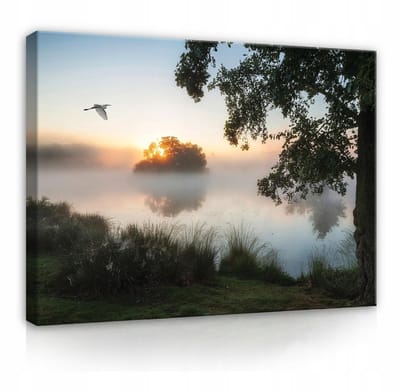 WALLARENA - Canvas schilderij - 100x70 cm - Natuur schilderij met mist en meer