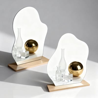 Dailygoods - 2 stuks tafelspiegels, onregelmatige vorm, make-upspiegel, met houten sokkel, staande spiegel, tafel, voor slaapkamer, woonkamer, hotelkamerdecoratie