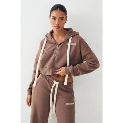 Dames DSGN Studio Contrast Trekkoord Boxy Crop Hoodie | Mocha | Maat: XL