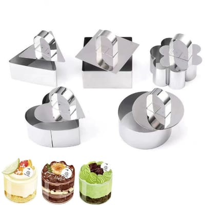 QTTVBTNA 5-delige RVS Cakevorm Set – Hart, Rond, Vierkant, Driehoek, Bloemvorm – Dessert Mousse Ringen met Drukdeksel & Lifter - 8 x 4 cm