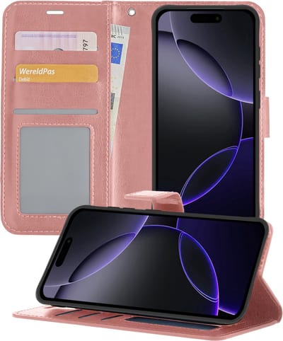 Hoesje - Geschikt voor Apple iPhone 16 Pro - Luxe Bookcase - Walletcase Hoes - Portemonnee - Cover - Telefoonhoes - Rosé goud