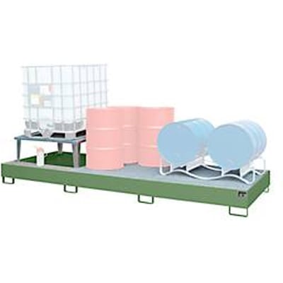 Opvangbak Bauer AWA 31, staal, groen, L 3850 x B 1460 x H 780 mm, 1000 l, voor 3 x 1000 l IBC, 1 vulhulpstuk, 2 roosters