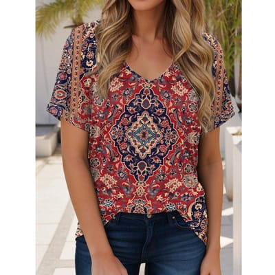 Hete Verkoop Zomer Dames Tops Retro Bloemen Grafische Print V-Hals Casual Korte Mouwen Dameskleding 5XL gray