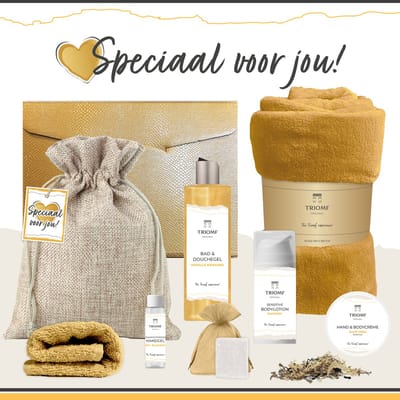 Geschenkset “Speciaal voor jou!” - 8 producten - 1210 gram - Triomf Cosmetica | Cadeau voor haar Cadeaupakket Wellness Fleece deken Douchegel Luxe Giftset Pakket Vrouw Verjaardag Vriendin Gefeliciteerd Moeder Moederdag Kerstpakket Kerst Okergeel Goud