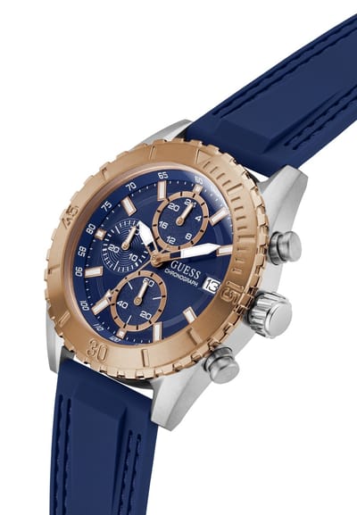 Guess Defender Quartz Chronograaf Horloge Blauw Kast: 100% Gerecycled Staal | Armband: 100% Siliconen 45 mm GW0967G2, GW0967G4