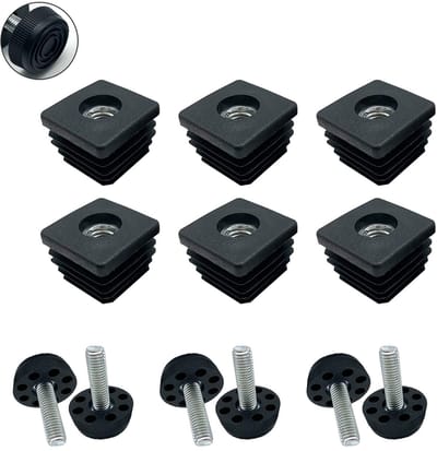 6 stuks vierkante buisschroefdraad, zwarte buisstops, vierkante kunststof doppen met meubelpoten, vierkante eindkappen voor tafelpoten, stoelen en meubels (M8, 25 x 25 mm)