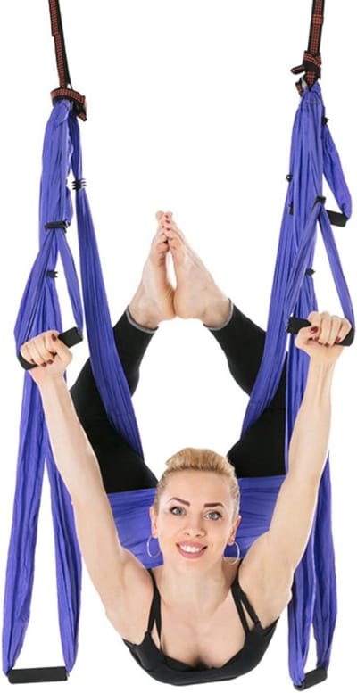 Verstelbare Aerial Yoga Hammock voor Anti-Zwaartekracht Oefeningen, Inversie en Ontspanning met Handgrepen en Sling (PAARS)