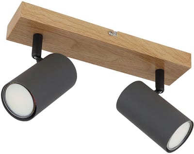Plafondspot 2 vlammen Plafondlamp beweegbaar Spotlight zwart houtlook, verstelbare spots, metaal grafiet, 2x GU10 stopcontacten, LxBxH 26x6x12 cm