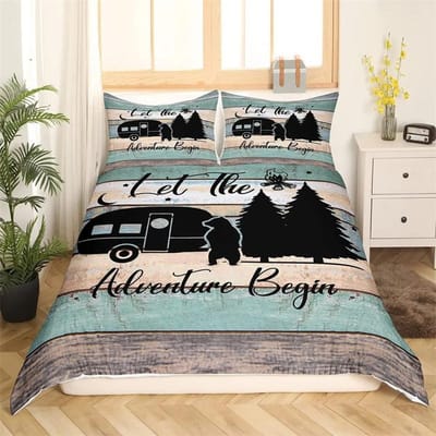 Happy Camping Dekbedovertrek King, Zomer Kamperen Decoratie Beddengoed Voor Jongen Tieners Familie, Strandvakantie Stijl Dekbedovertrek Set 210x210cm 3pcs