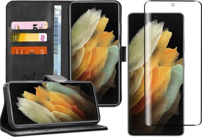 Hoesje geschikt voor Samsung Galaxy S21 Ultra - Screen Protector FlexGuard - Book Case Kunstleer Pasjeshouder Zwart & Screenprotector