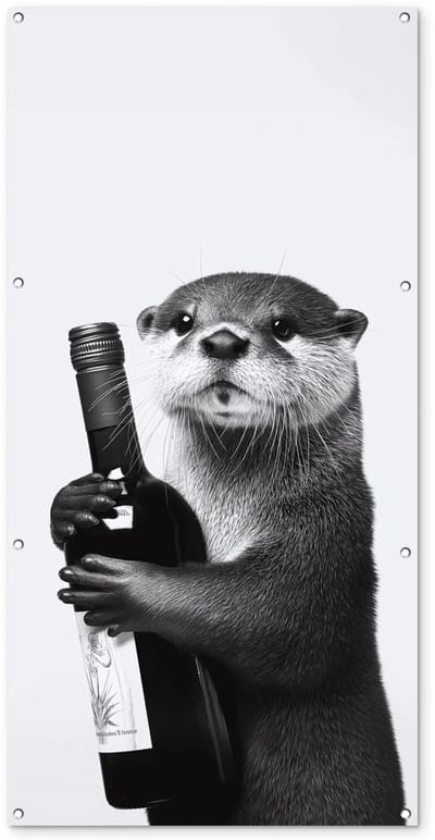 Tuinposter 80x160 cm - Tuindecoratie Wijnfles - Otter - Zwart - Poster voor in de tuin - Buiten decoratie - Schutting tuinschilderij - Tuindoek muurdecoratie - Wanddecoratie balkondoek