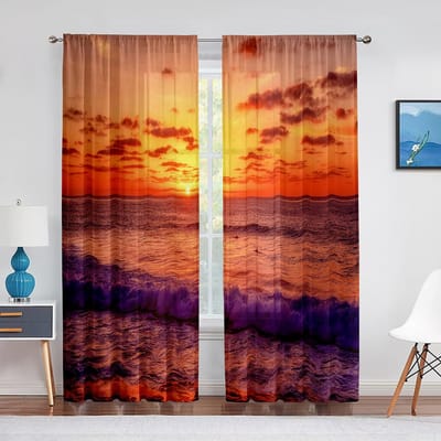 Tropisch Transparant Voile Gordijn Exotische Zonsondergang Boven Zeegezicht Kokospalm Raam Tule Gordijnen voor Woonkamer Slaapkamer 1 PCS W100XH250cm&Grommet Top