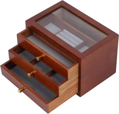 Houten Sieradendoos - Opbergkistje - Sieraden Opbergen - 3 Lades Met Glas - 30 x 20 x 19 cm - Bruin