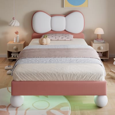 Wishdor – Kinderbed 90x200 cm – Vlindervormig Hoofdbord & LED – Fluweel Beige‑Roze