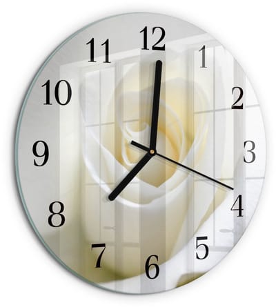 Tulup Wandklok - Witte Roos Klok Glas Met Opdruk - 30fi cm - Wit Moderne Wandklok Glas - Zwarte Handen - Ronde Wandklok - Glazen Klok Met Print - Wandklok Glas Met Motief