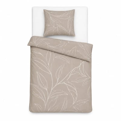 Mistral Dekbedovertrek - 140x200 cm - Taupe met Bladeren Print – Eenpersoons Dekbedovertrek van 100% Gewassen Katoen – Zacht, Ademend en Comfortabel Beddengoed – Inclusief 1 Katoenen Kussensloop – Luxe Taupe Bedtextiel voor Slaapkamer
