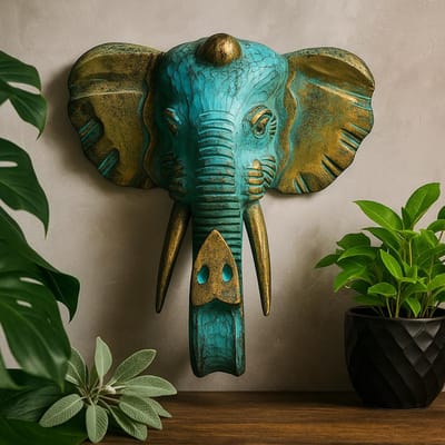 Large Elephant Head - Gold & Turquoise