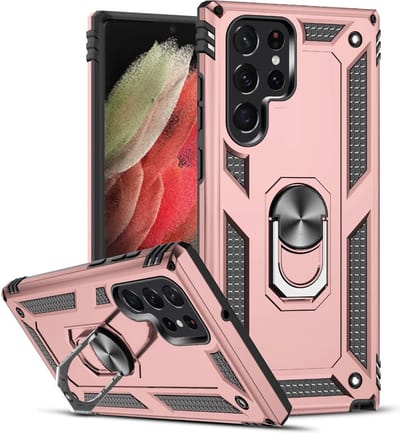Samsung Galaxy S22 Ultra hybride backcover - Samsung Galaxy S22 Ultra ringstand hoesje - Hoesje Samsung Galaxy S22 Ultra - Samsung Galaxy S22 Ultra case - Roze