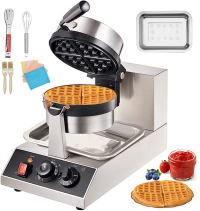 Novendo Goods - Elektrisch wafelijzer - Rond model - RVS Behuizing - 1300W Vermogen - Temperatuurregeling 50-300°C - Non-stick teflon platen - Voor dikke wafels 2,5 cm - Geschikt voor horeca en thuisgebruik