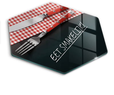 Wallfluent Glazen Snijplanken - Eet smakelijk! Snijplanken Glas - h40 cm - Veelkleurig Snijplanken van Glas - Glazen Keukenplank - Decoratieve Glazen Snijplank - Glazen Snijplank met Antislip