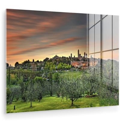 ® Glasschilderij 160x120 cm - Schilderij acrylglas - De Europese stad San Gimignano in Italië - Foto op glas - Muurdecoratie woonkamer - Wanddecoratie slaapkamer - Schilderijen