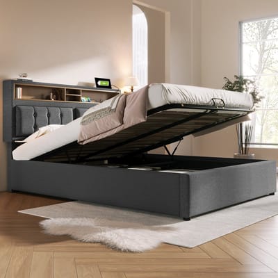 VVBV Gestoffeerd Opbergbed 160x200 cm - USB-C Laadstation, Lades, Opbergruimte, Lattenbodem - Linnen Grijs Zonder Matras
