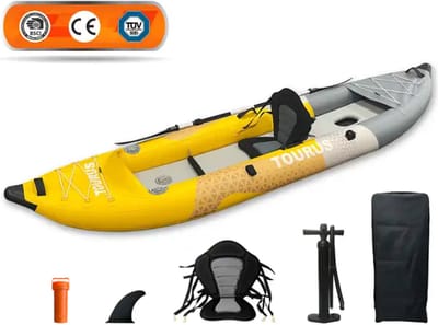 Tourus® Opblaasbare Kajak - High-end Premium Kayak - 1 persoons - Drop stitch - Bushcraft kayak opblaasbaar - 125KG draagkracht - Compleet met accessoires - Outdoor & avontuur