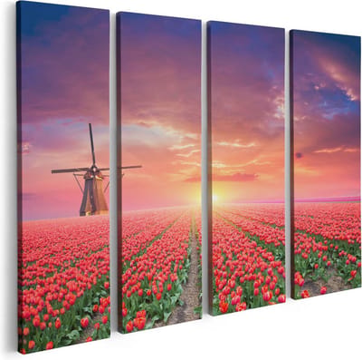 Artaza Canvas Schilderij Vierluik Rode Rozen Bloemenveld Met Een Windmolen - 80x60 - Foto Op Canvas - Canvas Print